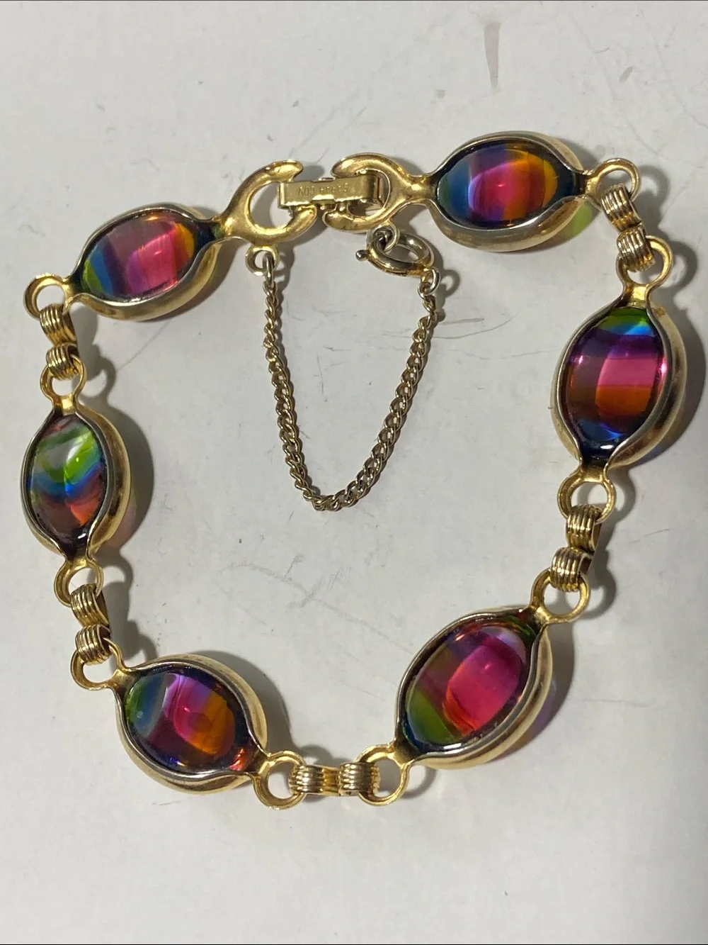 Vintage Sarah Coventry HARMONY Bracelet Watermelon Rainbow Glass Gold Tone 7.5”